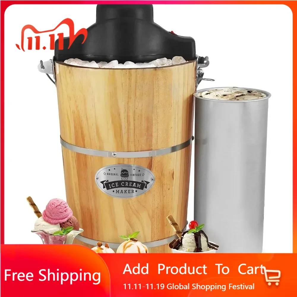 Old Fashioned 6 Quart Vintage Wood Bucket Electric Ice Cream Maker Machine, Bonus Classic Die-Cast Hand Crank for Churning
