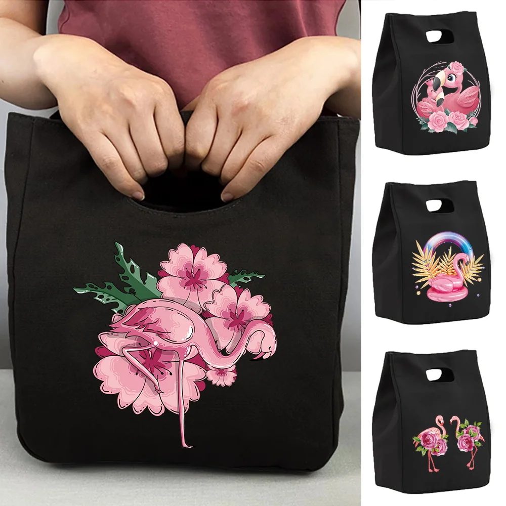 Insulated Bag Thermal Lunch Bags for Women Fridge Pouch Food Tote Cooler Handbags for Work Canvas Picnic Box Flamingo Pattern