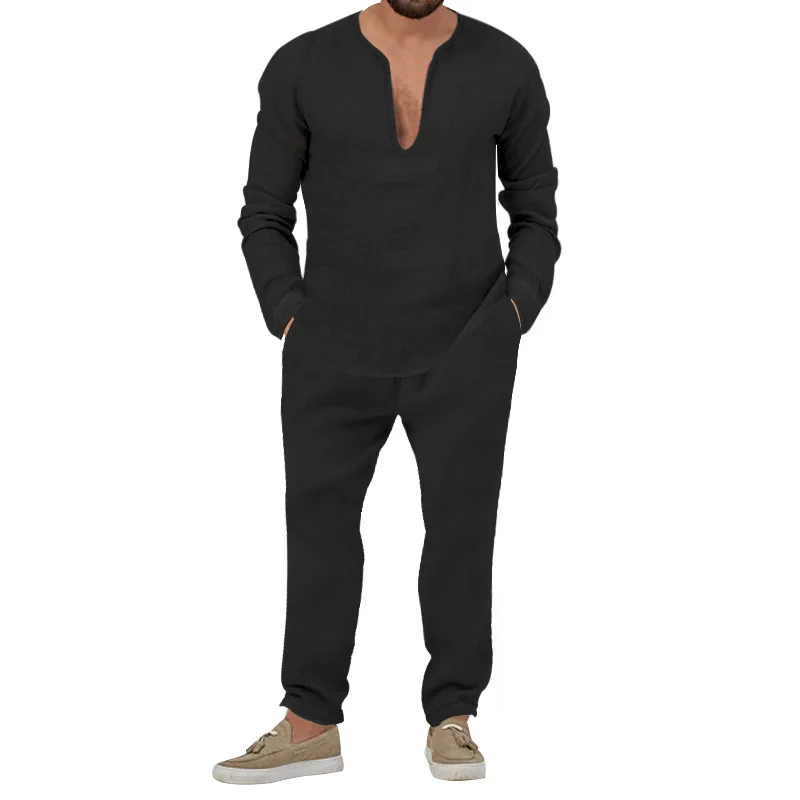 Men's Suit Summer Two-piece Casual Sports Solid Color Long-sleeved Trouser Suit
