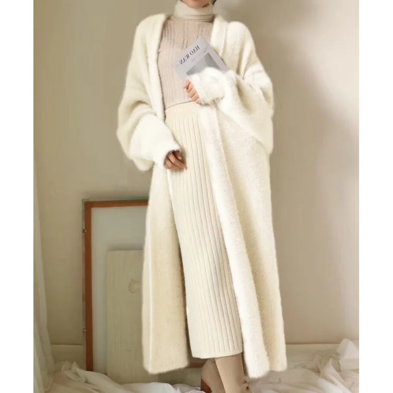 Fluffy Long Cardigan Women Elegant Long Sleeve Fur Loose Female Knit Sweater Coat 2023 Autumn Winter Street Maxi Lady Outwear