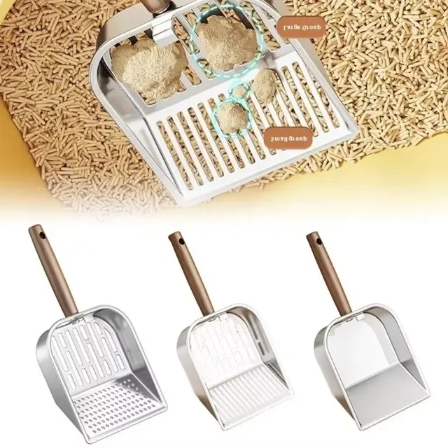 Stainless Steel Cat Litter Scoop Wooden Handle Long Handled Litter Box Shovel Easy Clean Hollow Design Kitten Poop Scooper 3