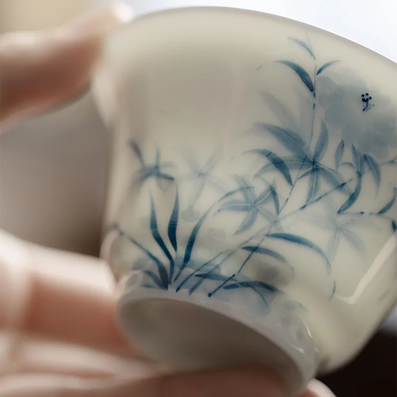 Hand-painted Blue and White Cover Bowl Kung Fu Tea Set Manual Thin Bag Silver Rimmed Tea Cup Sample Cup