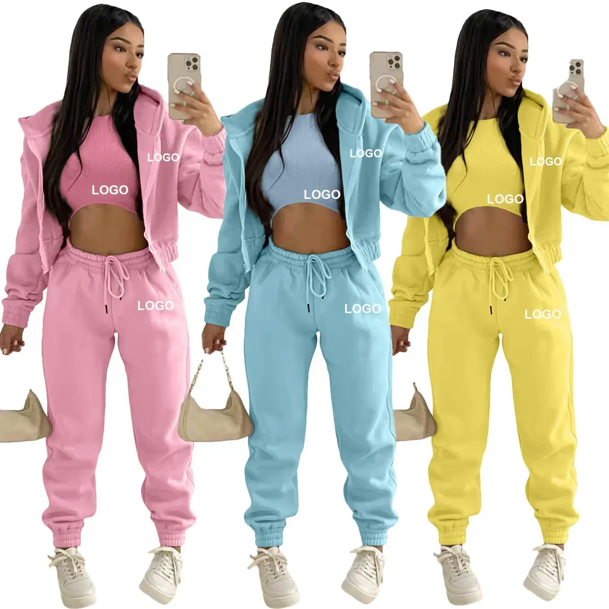 Custom LOGO made autumn women's thick 2-piece sportswear jogger suit 3-piece sportswear and hoodie suit