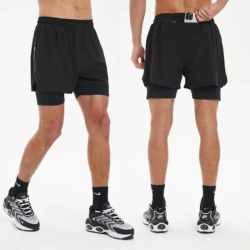 Summer Double Layer Sports Pants Fitness Running Shorts Underwear Quick Dry Mid-Length Pants False Two-Piece Design