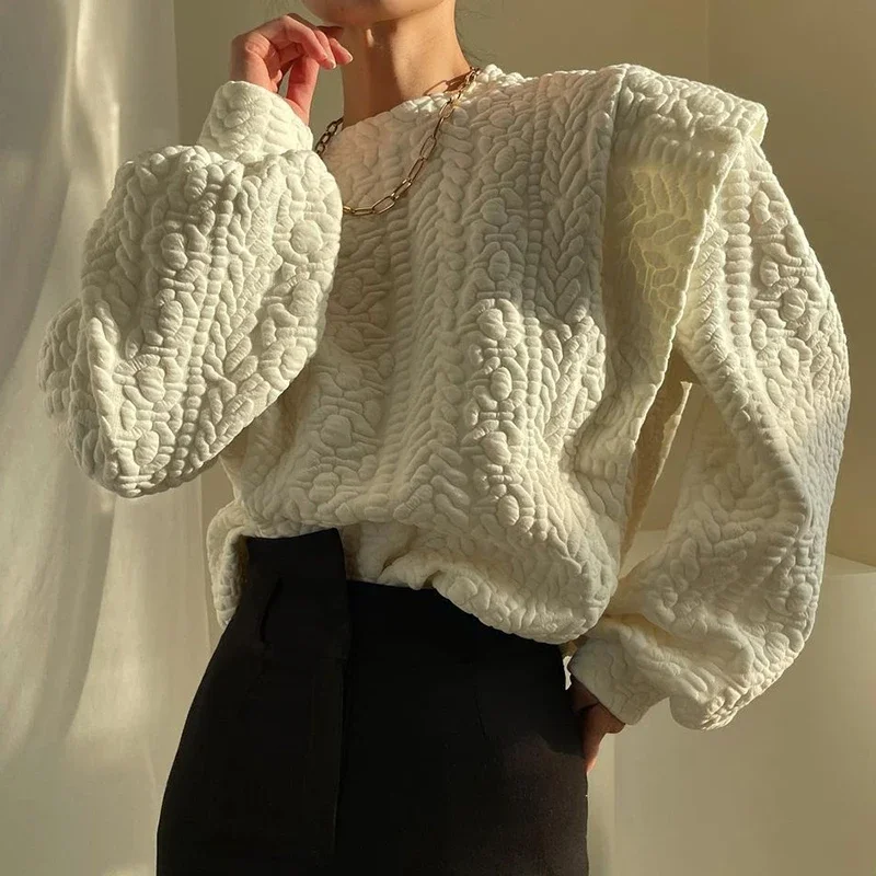 2024 Sweatshirts Famale Fashion Round Neck Long-sleeved Knitwear Pullover Solid Color Tops Elegant White Hoodies Casual Women
