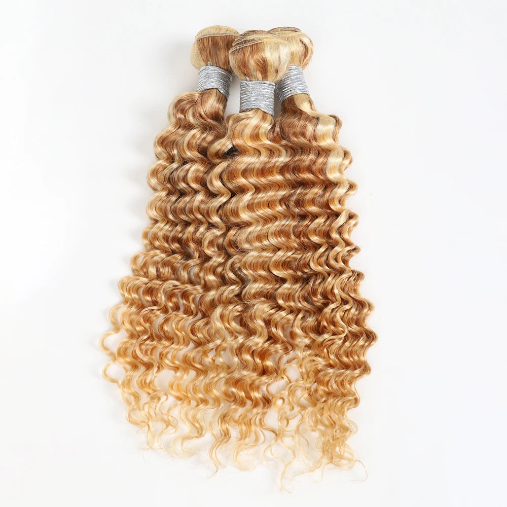 P27/613 Deep Wave Bundles Human Hair Unprocessed Brazilian Virgin Weave Hair 100% Human Hair Extensions Honey Blonde 3 Bundles 3