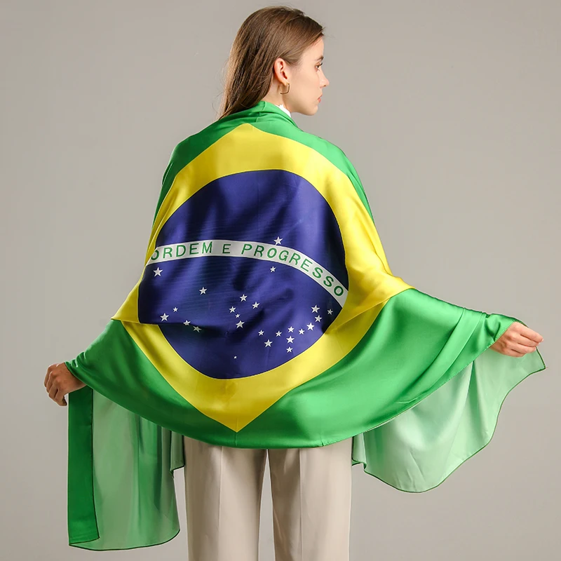 2022 бразильский флаг, шарф с принтом для женщин, футбольных фанатов, поздравительная шаль и обертывания, женская шелковая Повседневная бандана
