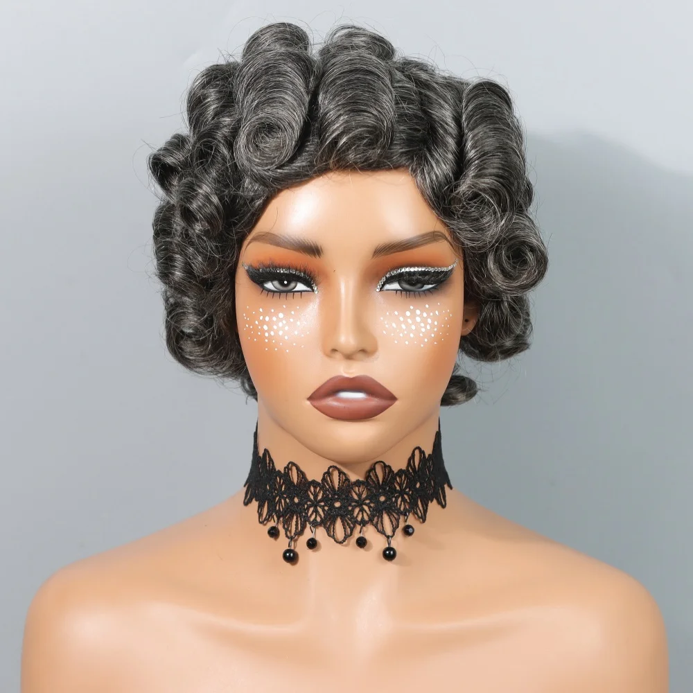 210% 로즈 컬리 픽시컷 가발, 솔트 앤 페퍼 그레이 컬리 가발, 짧은 픽시컷 가발, 인모, 자연스러운 헤어라인, 그레이 가발