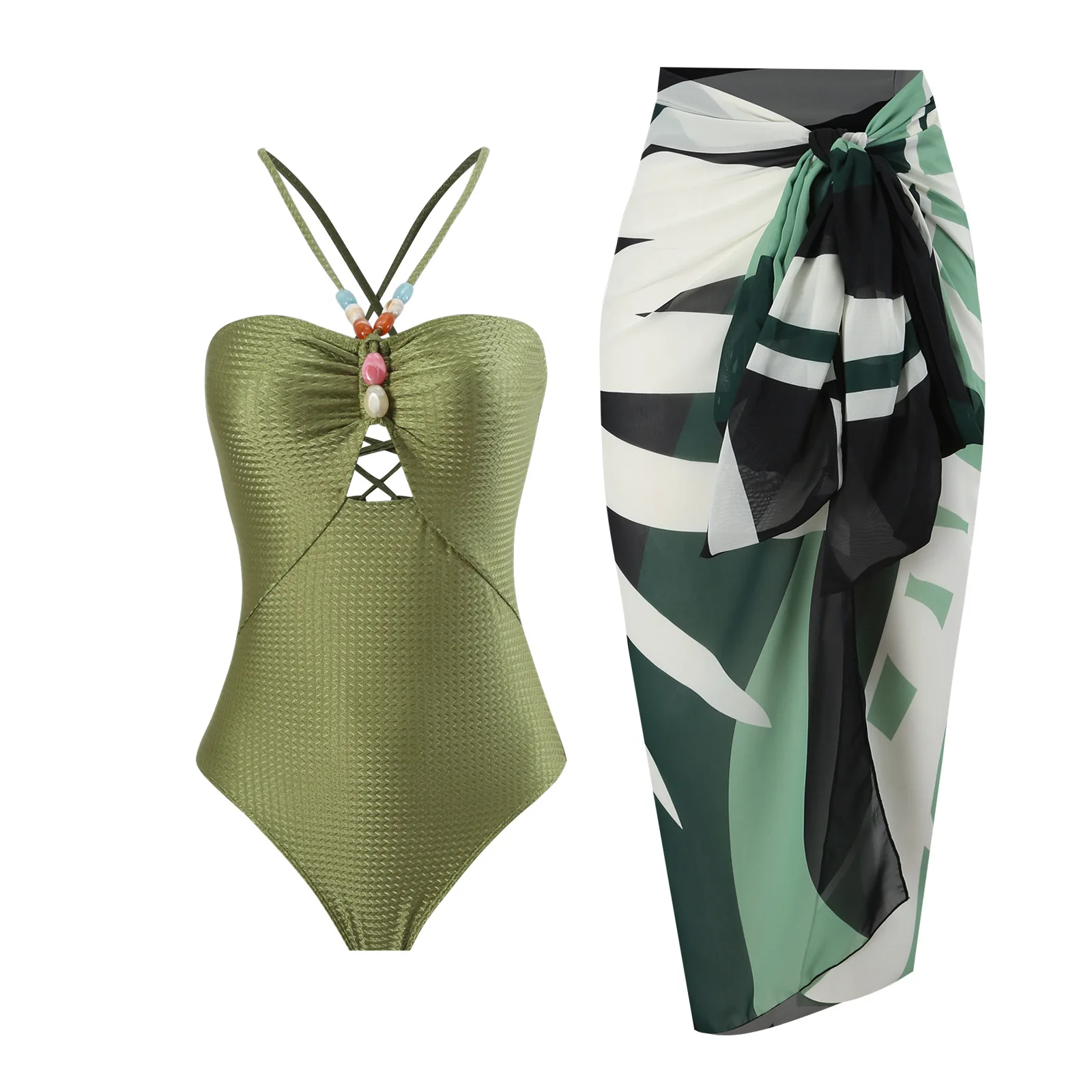 SUNSIRE Vintage Halter One-Piece Swimsuit Women Sexy Hollow Out Beach Wear Boho Print Cover Ups Retro Two Pieces Swimwear Summer
