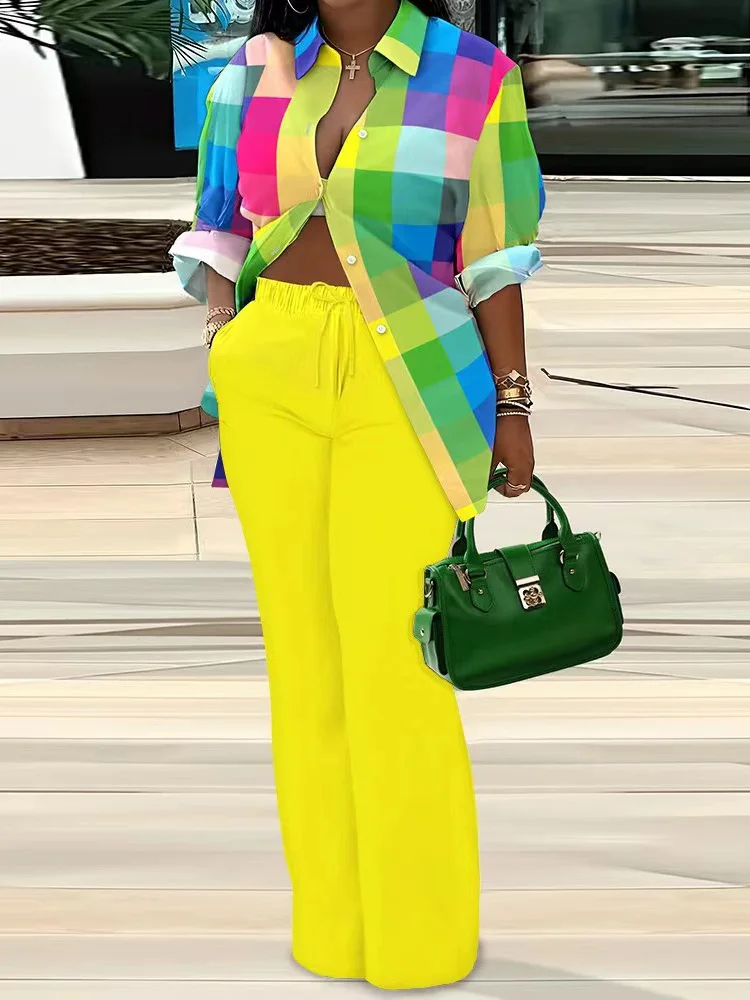 

Рубашка на пуговицах, длинные брюки, Женский офисный костюм, Топ с длинным рукавом, свободные брюки, комплект из двух предметов, женские повседневные брюки, летний подходящий костюм