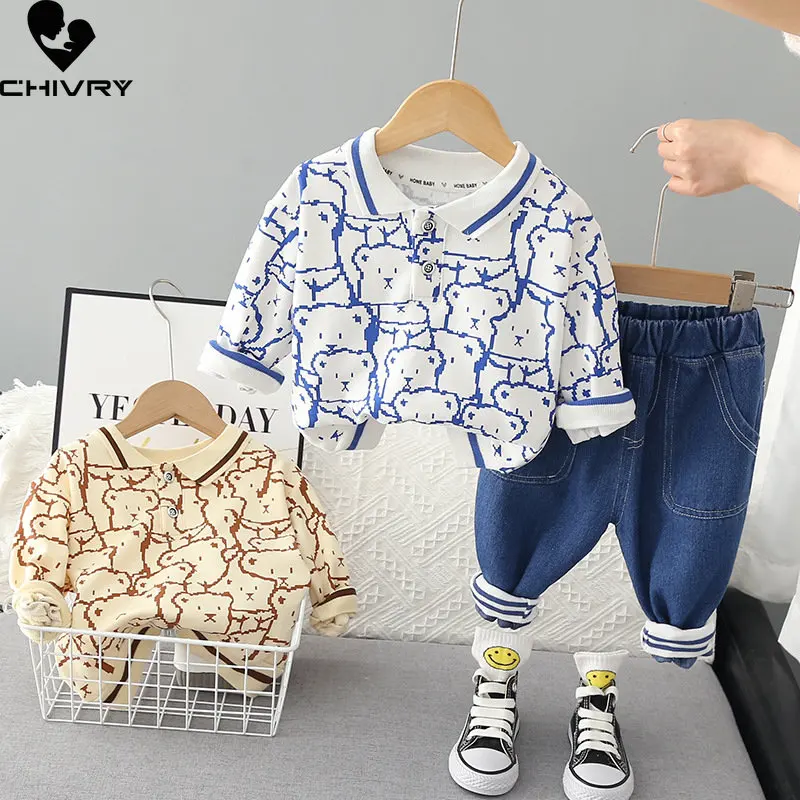 

Boys Fashion Clothing Sets New 2023 Kids Baby Spring Cartoon Bear Lapel Shirts Tops with Denim Pants Children Casual Clothes