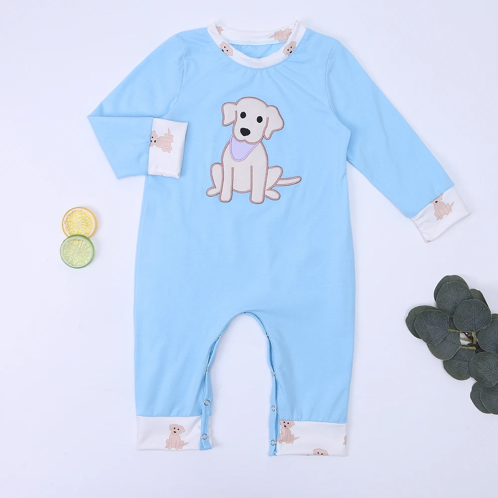 

0-3T Newborn Birthday Baby Boy Clothes Blue Rompers With Cartoon Dog Embroidery One-pieces Bodysuit Winter Jumpsuits