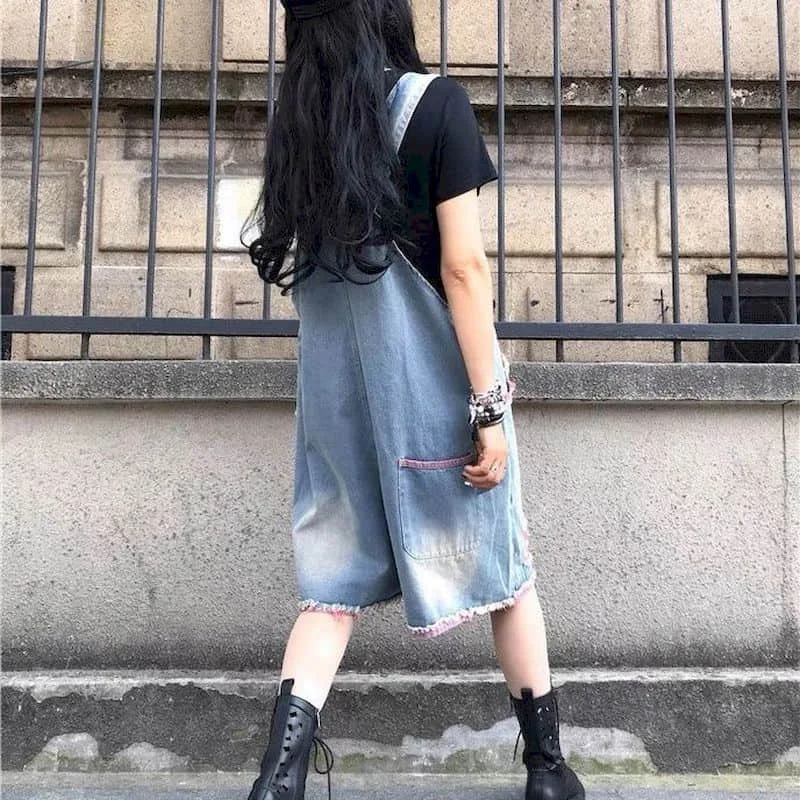 Denim Jumpsuit Women Oversized Loose Shorts Casual One Piece Outfit Women Playsuits Overall for Women Five-point Wide Leg Pants