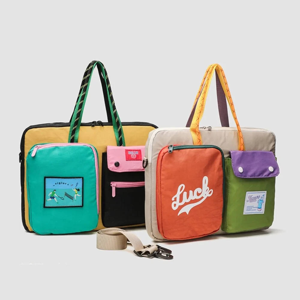 Canvas Travel Tote Bag Casual Contrast Color Design Large Capacity Laptop Computer Bag Portable Multi-Pockets