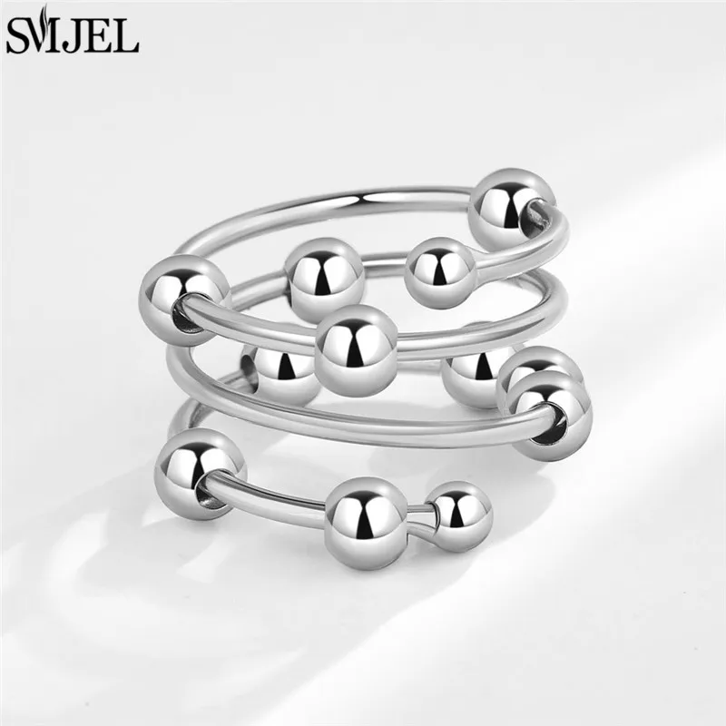 Adjustable 925 Sterling Silver Anti-Anxiety Spinner Ring With Beads For Men & Women