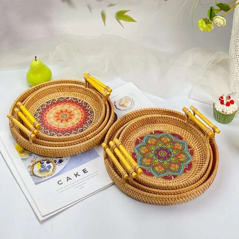 Storage Tray Kitchen Tray Bamboo Organizer Tray Handwoven Rattan Bread Fruit Cake Snacks Picnic Serving