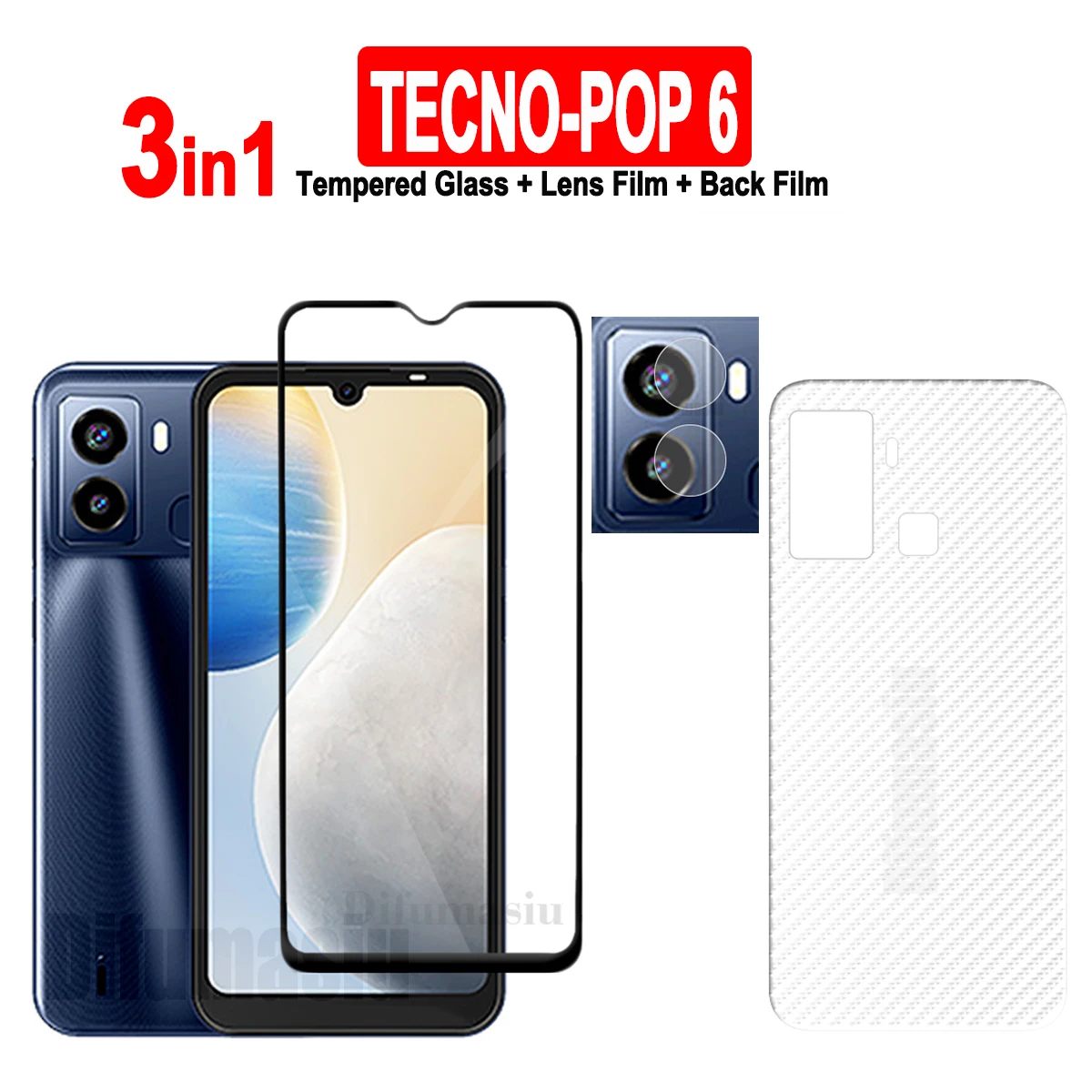 

For Tecno POP 6 Tempered Glass Screen Protectors Soft Camera Lens Protector Full Cover Screen Glass 3in1 Back Film
