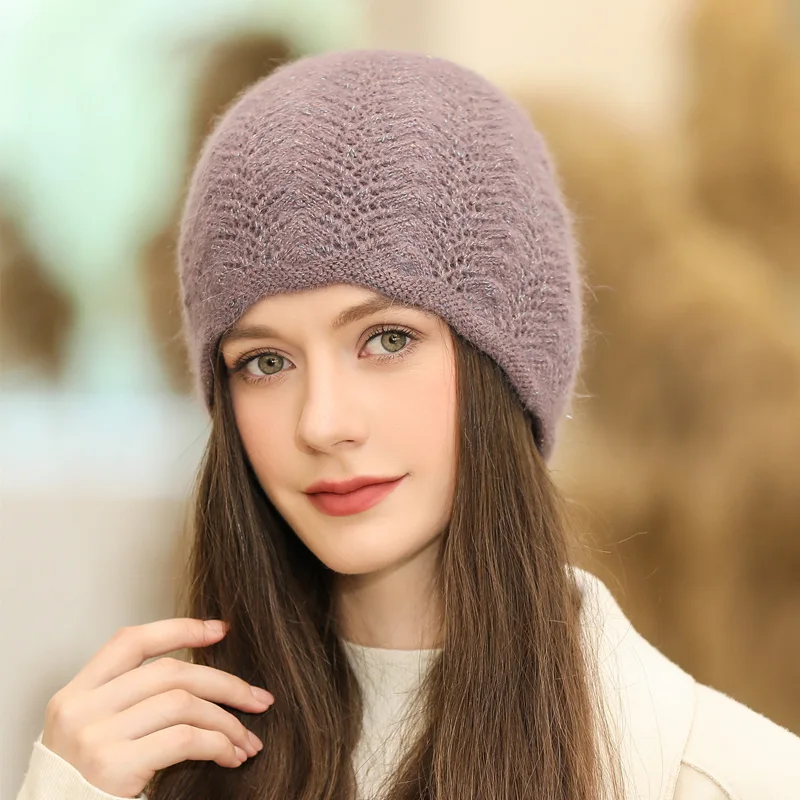 

New Women Winter Hat Streetwear Rabbit Fur Blend Warm Cap Fashion Decorate Beanie Hat For Female Casual Knitted Hat