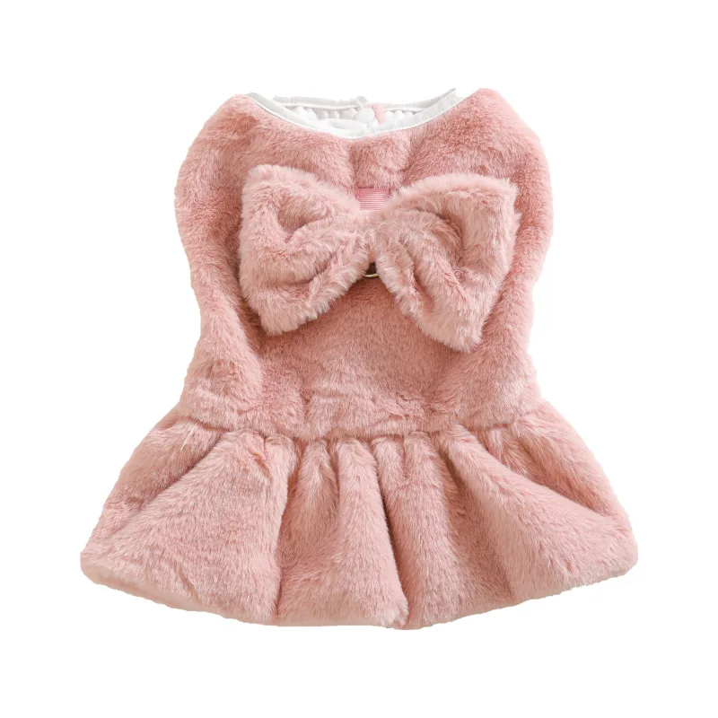 Autumn and winter new bow cat clothes can be pulled solid color cotton skirt cute dog teddy pet plush short skirt
