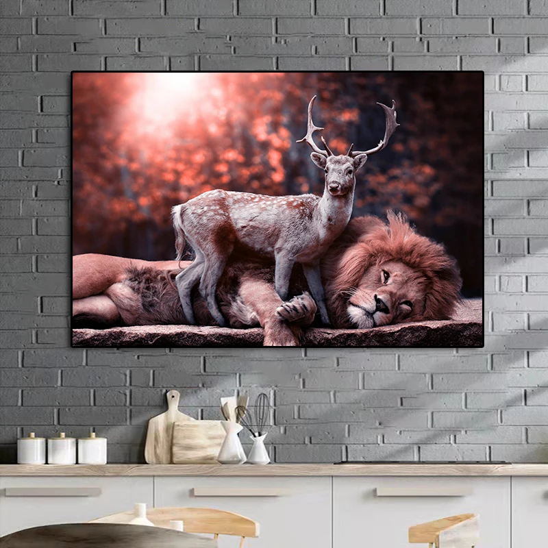 

Deer and Lion Animals Wall Art Posters and Prints Canvas Painting Animal Pictures for Living Room Home Decoration Cuadros