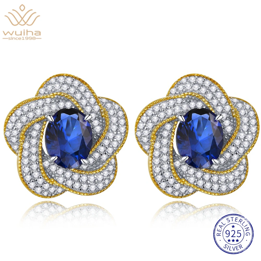 

WUIHA 18K White Gold Flower 6*8MM Sapphire Faceted Gemstone Stud Earrings Wedding Gift 925 Sterling Silver Jewelry Drop Shipping