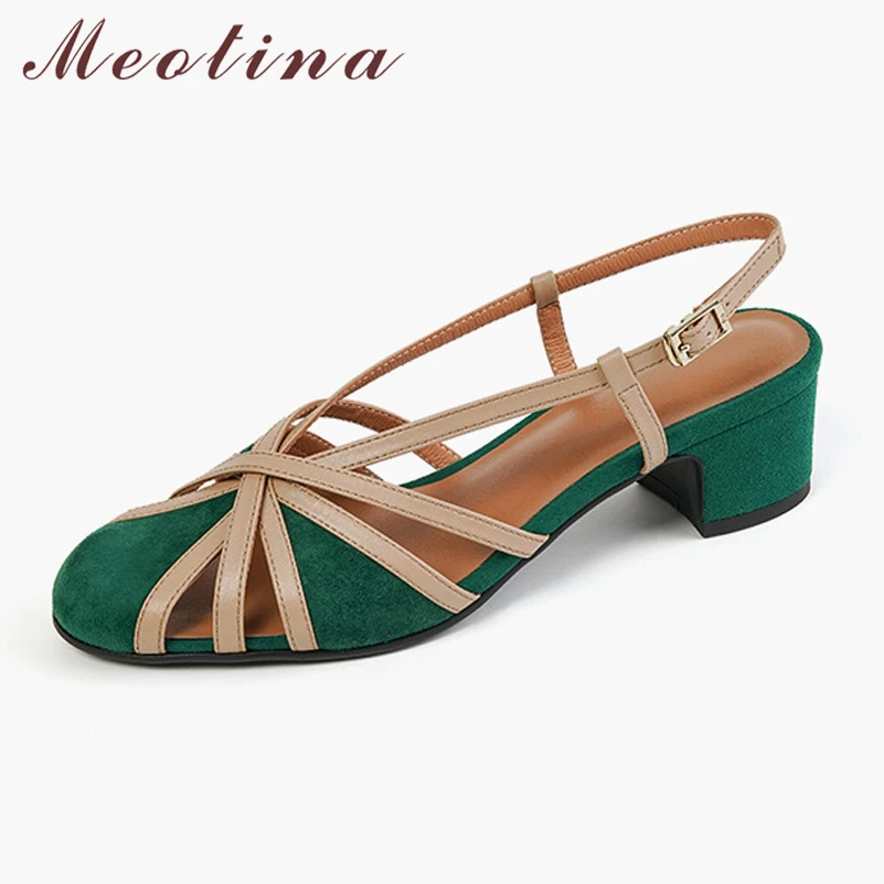 

Meotina Women Genuine Leather Gladiator Sandals Round Toe Thick Mid Heels Buckle Kid Suede Mixed Colors Ladies Shoes Summer 40