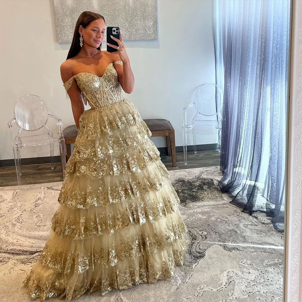 

Sevintage Gold Appliques Lace Tiered Ruffles Tulle Prom Dresses Off the Shoulder A-Line Evening Gown Graduation Party Dress 2024