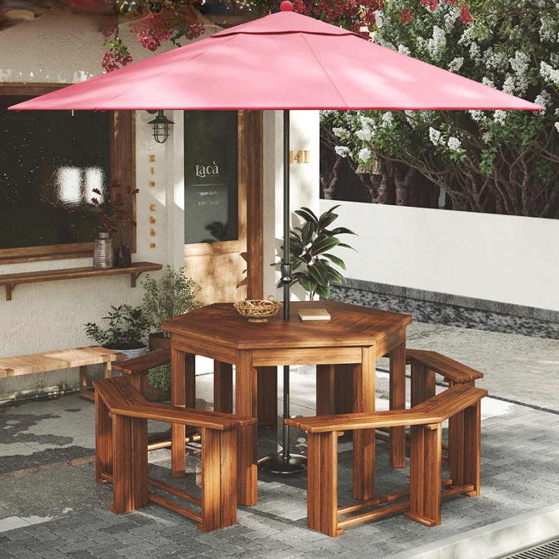 

Solid Wood Dining Table and Chair with Umbrella Combination Outdoor Courtyard Leisure Outdoor Milk Tea Shop Outdoor Decoration