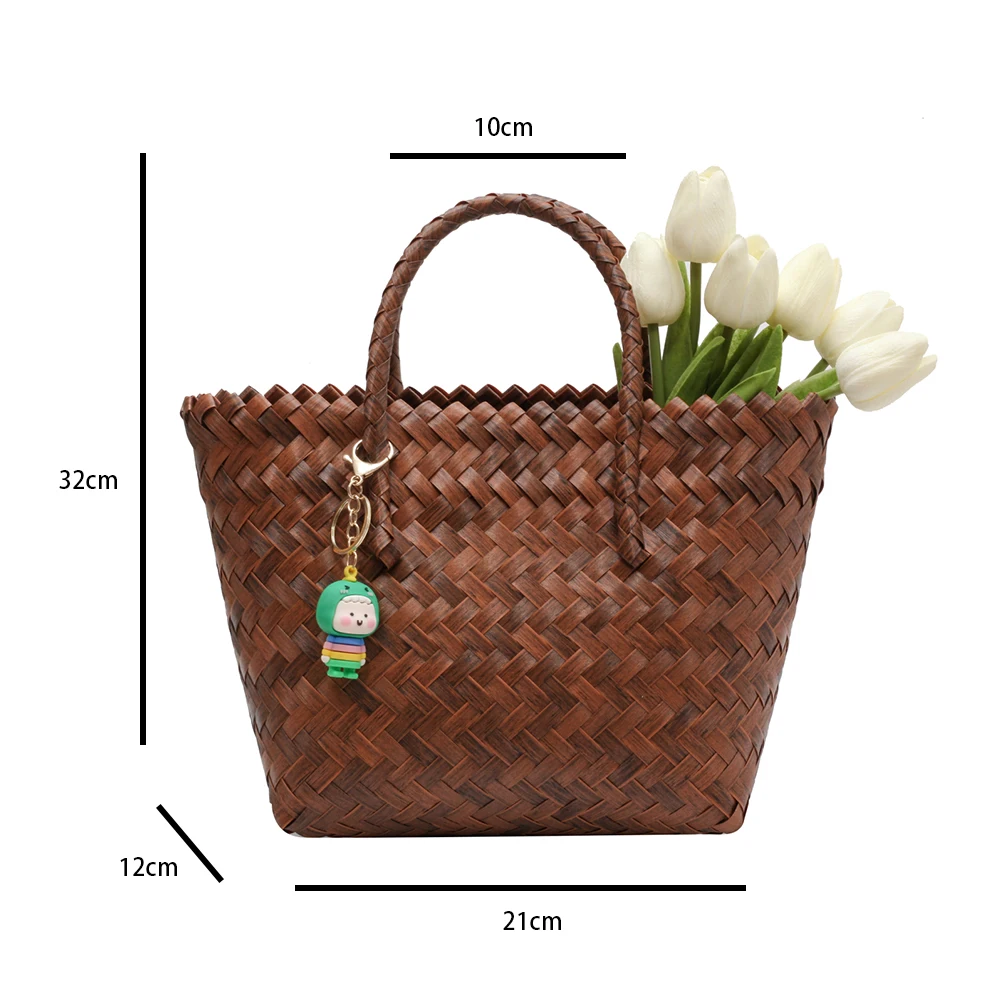 Women Weave Shopping Bags Large Capacity Summer Pool Bag Solid Color for Lady for Vacation Travel Daily Casual with Cute Pendant