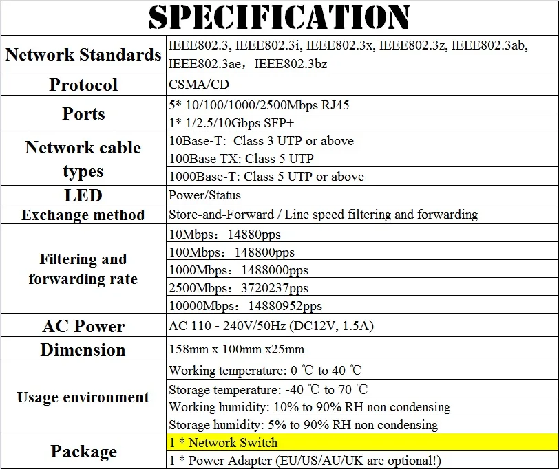 2.5 기가비트 이더넷 네트워크 스위치, SFP + 포트, 1/2.5/10Gbps, 5*2500Mbps RJ45 포트, IEEE 802.3bz, 3ab, 3x