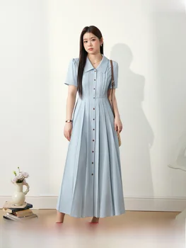 Blue Shirt Collar A-Line Dress Slimming Belly Cover Summer plus Size Women's Dress  Collar Pleated Long Skirt Commute Style