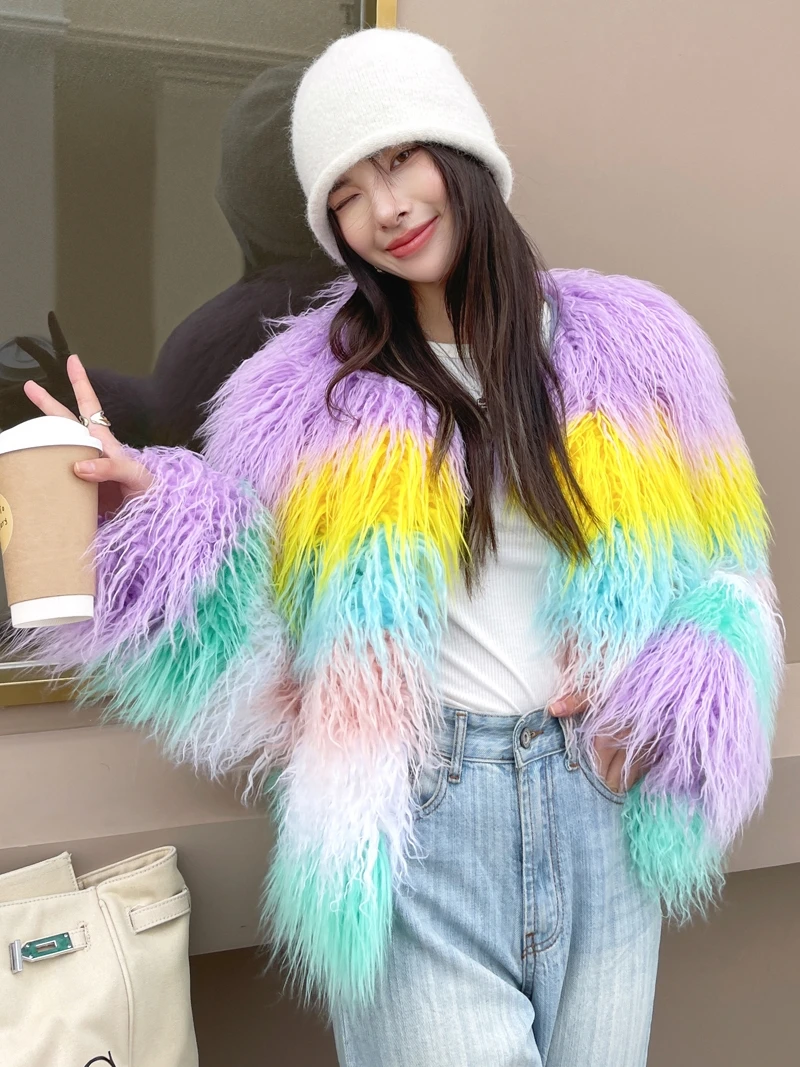 

Autumn Winter New Colourful Shaggy Outerwear Faux Fur Coat Contrast Color Jacket Women's Clothing Free Shipping