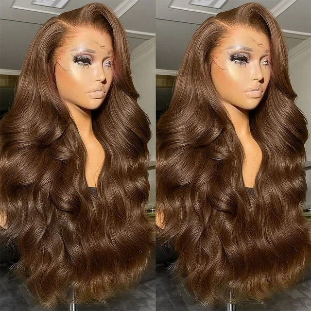 Perruques brésiliennes en cheveux humains ondulés, densité 200, 30-38 pouces, brun chocolat, avec dentelle frontale HD 13x6 # Perruque Lace Front 13x4 en 4 Couleurs 1
