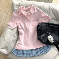 Deeptown Blue Polo Shirts Women Shoujo JK Japanese Preppy Style White T-shirts Short Sleeve Embroidered Tees Basic Pink Tops - Image 4