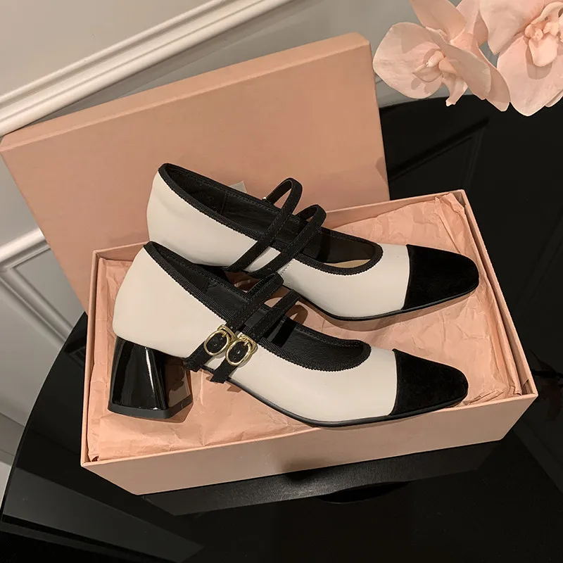 

MKKHOU Fashion Pumps New High Quality True Leather Mary Jane Shoes Spliced Double Button High Heel Leather Shoes Modern Shoes