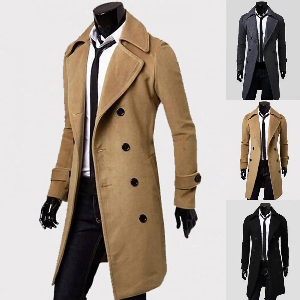 Description Picture 3 of itemSimple  Trench Coat Temperament Coldproof Thick Trench Coat Turndown Collar Streetwear Men Jacket for Daily Wear