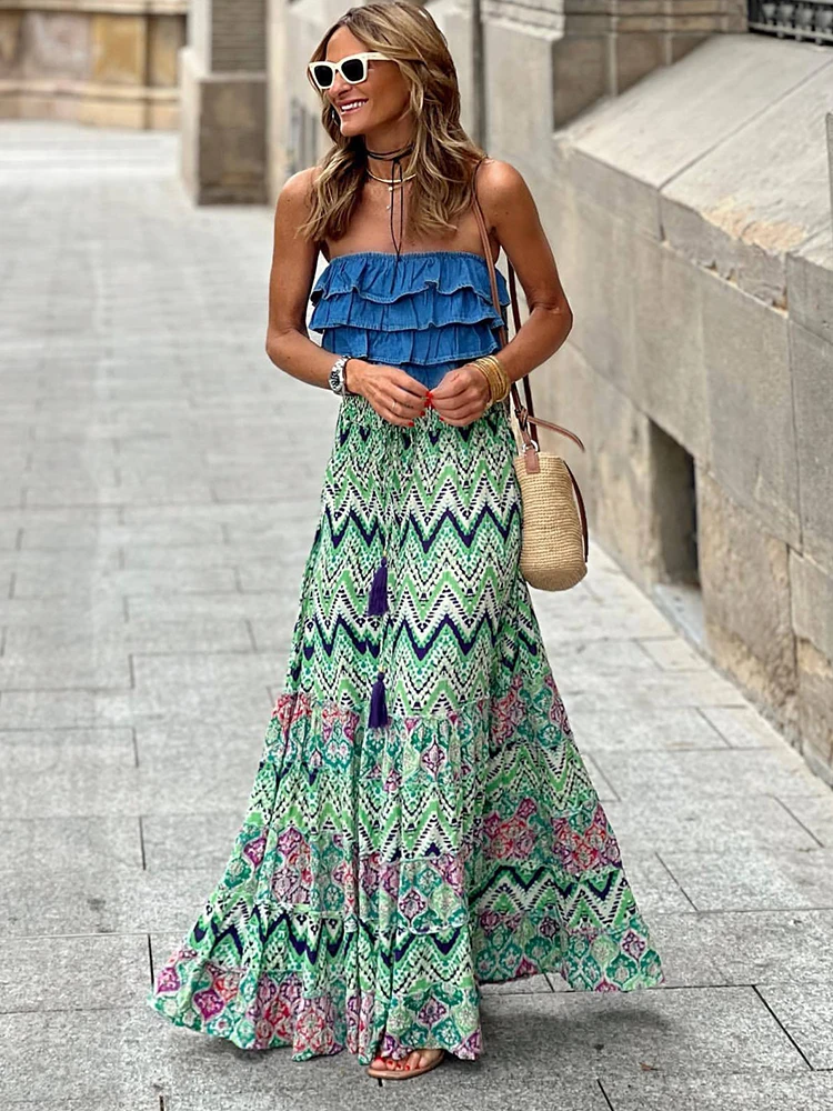 Falda Larga Plisada Con Estampado Etnico Lolitas&L