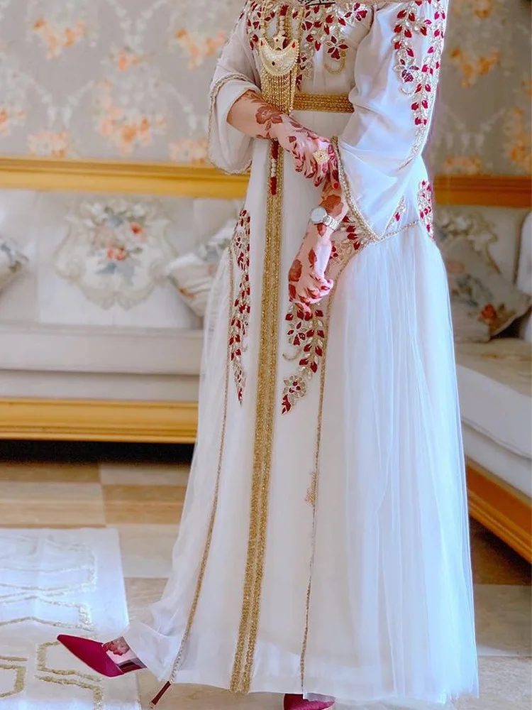 India Turkey Muslim Abaya Long Dresses Women Wedding Evening Party Dress Elegant Floral Embroidery Lace Belted Kaftan Ramadan