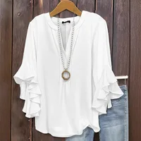 Women's Fashion Loose Chiffon Blouse V Neck Lotus Leafthree-quarters Sleeve Shirt Solid Color Business Casual Shirt Elegant Top