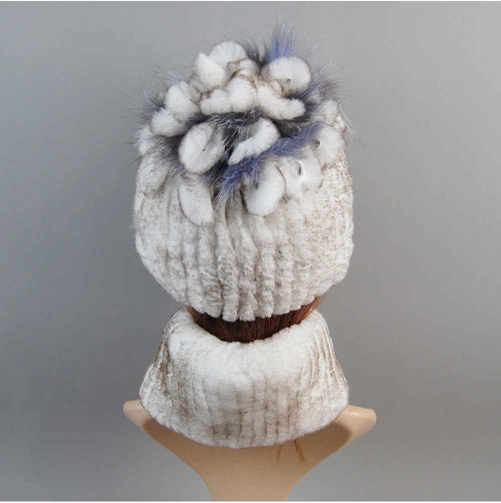 Real Rex Rabbit Fur Hat And Scarf Set Women Winter Knitted Beanie Hat Natural Fur Skullies Beanies Woman Hat Female Cap Elastic