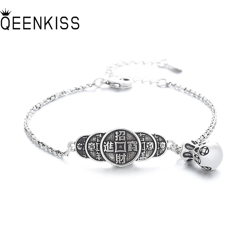 

QUEENKISS BT6147 Fine Jewelry Wholesale Fashion Woman Girl Mother Birthday Wedding Gift Vintage Fortune Coin Tai Silver Bracelet
