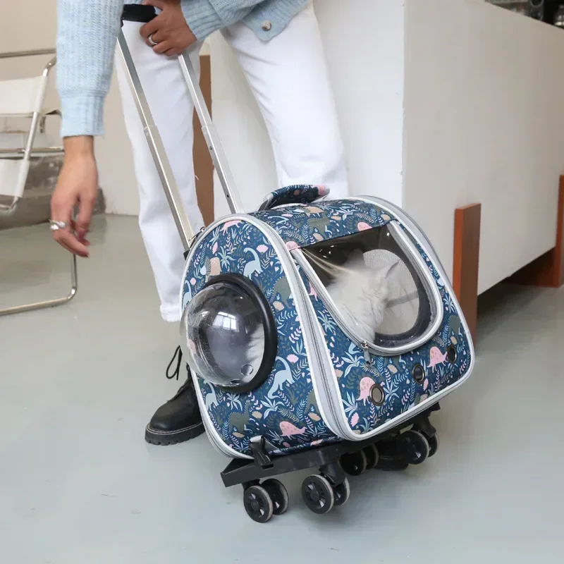 

2 In 1 Large Pet Cat Backpack Stroller Pet Carrier with Wheels Portable Tie-Rod Pet Bag Cat and Dog Foldable Travel Carrier Bag