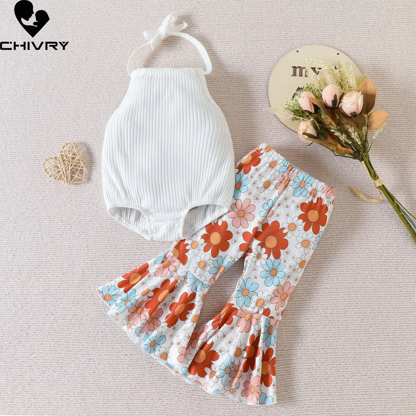 

Baby Girl Clothing Sets New 2023 Summer Newborn Girls Sleeveless Solid Bodysuit with Fashion Floral Print Flared Trousers