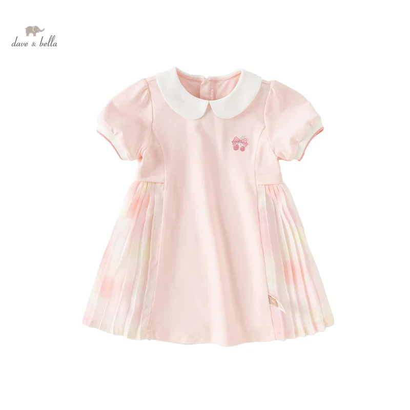 Dave Bella Girl's Princess Polo Dress 2025 New Summer Children's Baby Short Sleeves Cute Sweet Pink Casual Pleated DB2241029