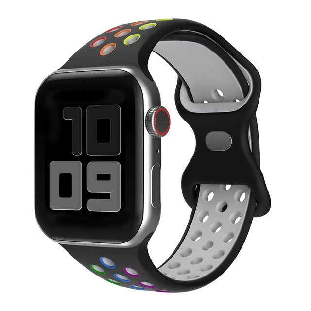 Silicone Strap For Apple Watch Band 44mm 40mm 42mm 38mm 44 mm watchband Breathable bracelet Apple watch 6 Strap iWatch 7 5 4 se 28Rainbow-black