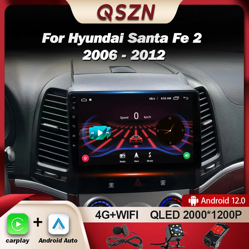 

QSZN For Hyundai Santa Fe 2 2006 -2012 LHD Car Radio Multimedia Video Player Navigation GPS Carplay Android 12 Autoradio 2K QLED