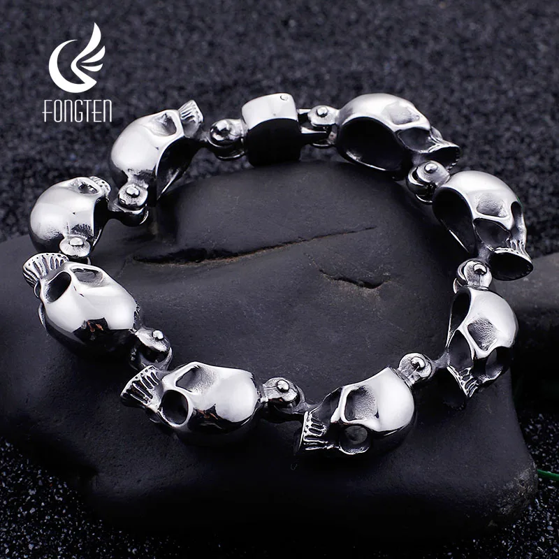 

Fongten 21cm Gothic Men's Skeleton Chain Bracelets For Men Stainless Steel Skull Bracelets Bangle Male Silver Color Jewelry