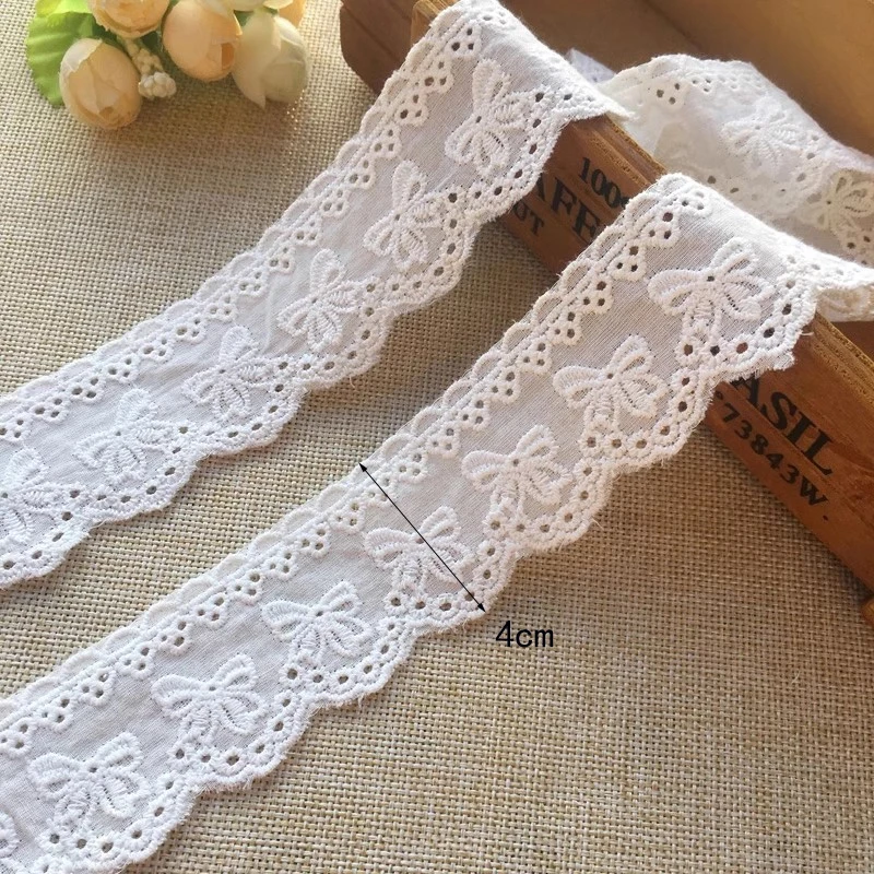 Beige White Bow Cotton Flower Lace Embroidered Trim - 2 Yards