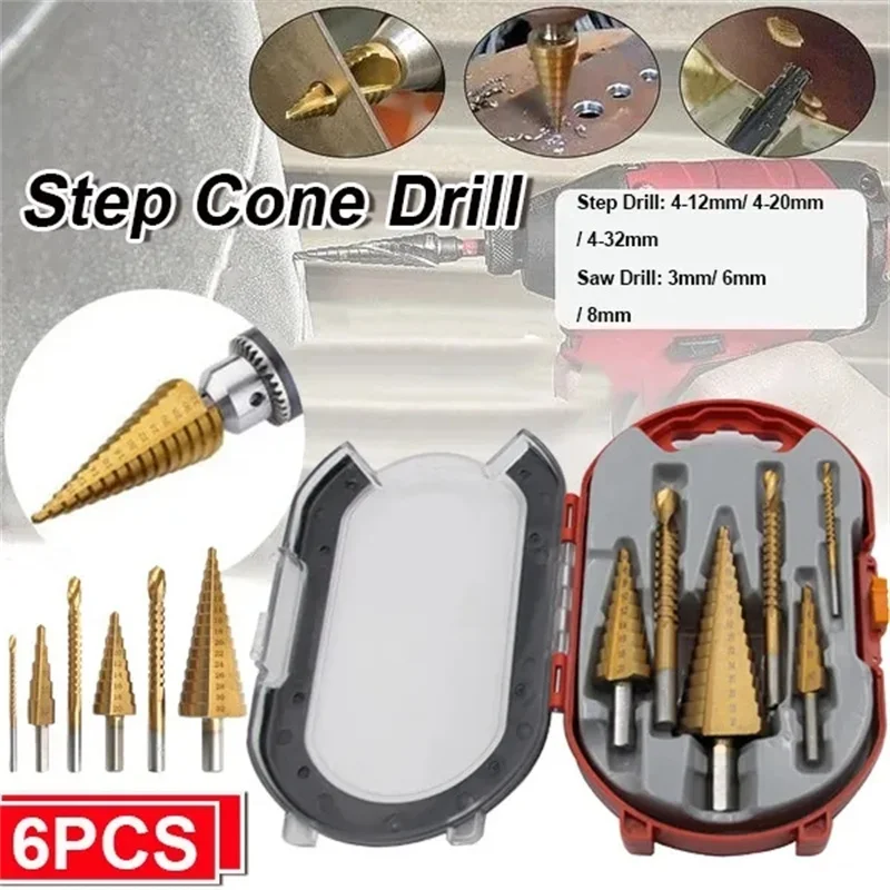 6Pcs Step Drill Bit Saw Drill Bit Set Titanium Milling Cutter 4-12 4-20 4-32mm 3 6 8mm for Woodworking Metal Core Hole Opener