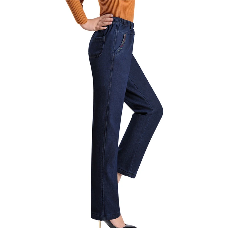 High Waist Jeans Women New Spring Autumn Elastic Waist Denim Trousers Female Winter Flocking Keep Warm Casual Straight Pants